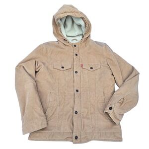 Levis‎ Corduroy Sherpa Lined Hooded Trucker Jacket Camel Tan Mens Size Small